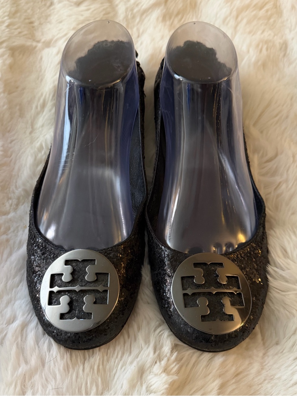 Tory Burch size 9 Black Sequin ballet flats silver TB Logo